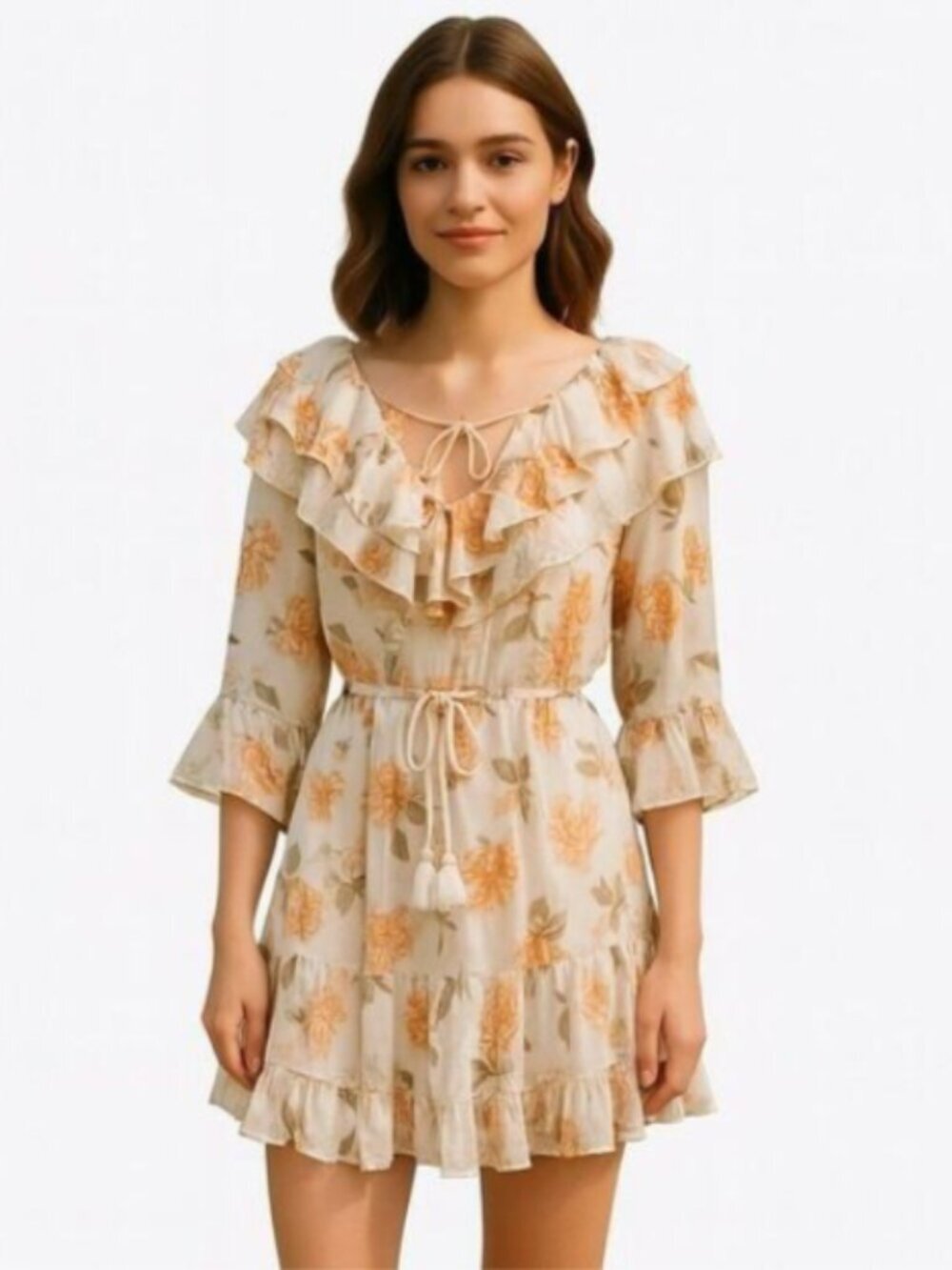 NEW POL Small Mini Floral and Bird Mini Print Dress Ruffle Tassel Neckline Boho